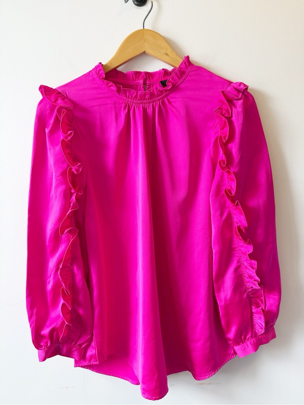 J. Crew Bright Pink Ruffle-Trim Blouse with button back closure b